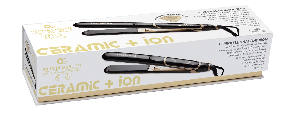 Olivia Garden Ceramic + Ion Flat Iron — retail carton front, plain white background