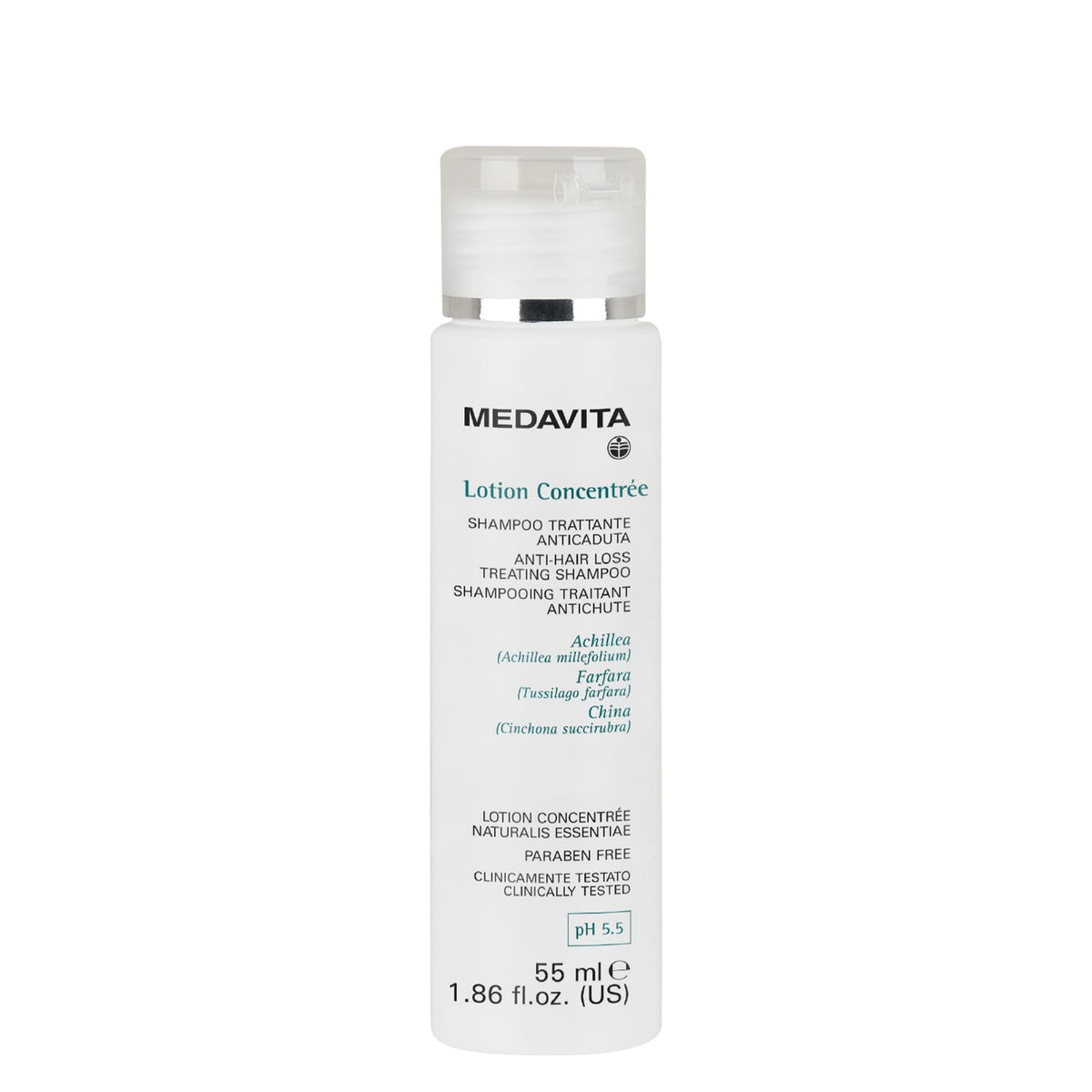 Medavita Anti-Hair Loss Treating Shampoo — 55 ml bottle front, plain white background