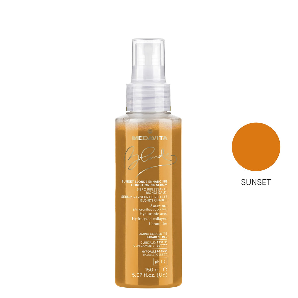 Medavita Blondie Sunset Blonde Enhancing Conditioning Serum — 150 ml Sunset Blonde Enhancing Conditioning Serum bottle with its warm-gold tone swatch
