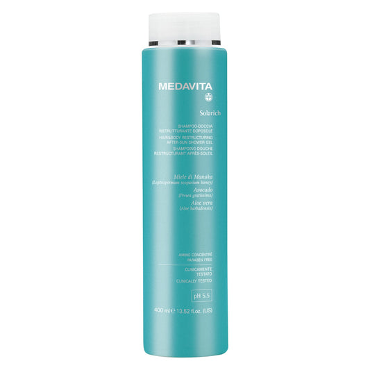 Medavita Solarich Hair and Body After-Sun Shower Gel — 400 ml Hair and Body After-Sun Shower Gel bottle, front label, plain white background