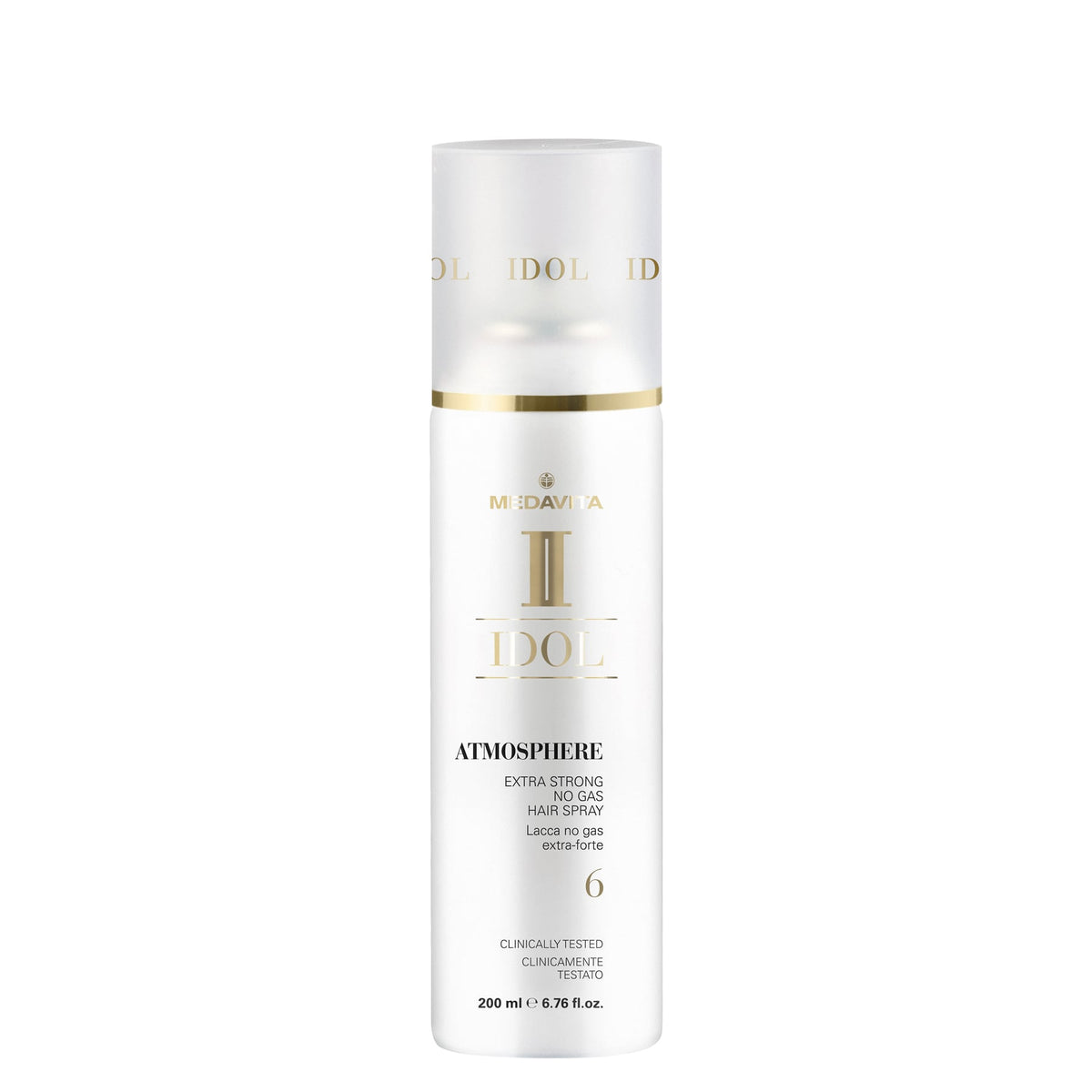 Medavita Idol Atmosphere Extra Strong No Gas Hair Spray — 200 ml Atmosphere Extra Strong no-gas hair spray, front label, plain white background