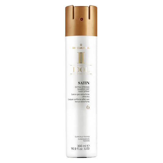 Medavita Idol Texture Satin Extra Strong Shaper Hair Spray — 300 ml Satin Extra Strong Shaper dry hair spray can, front label, plain white background