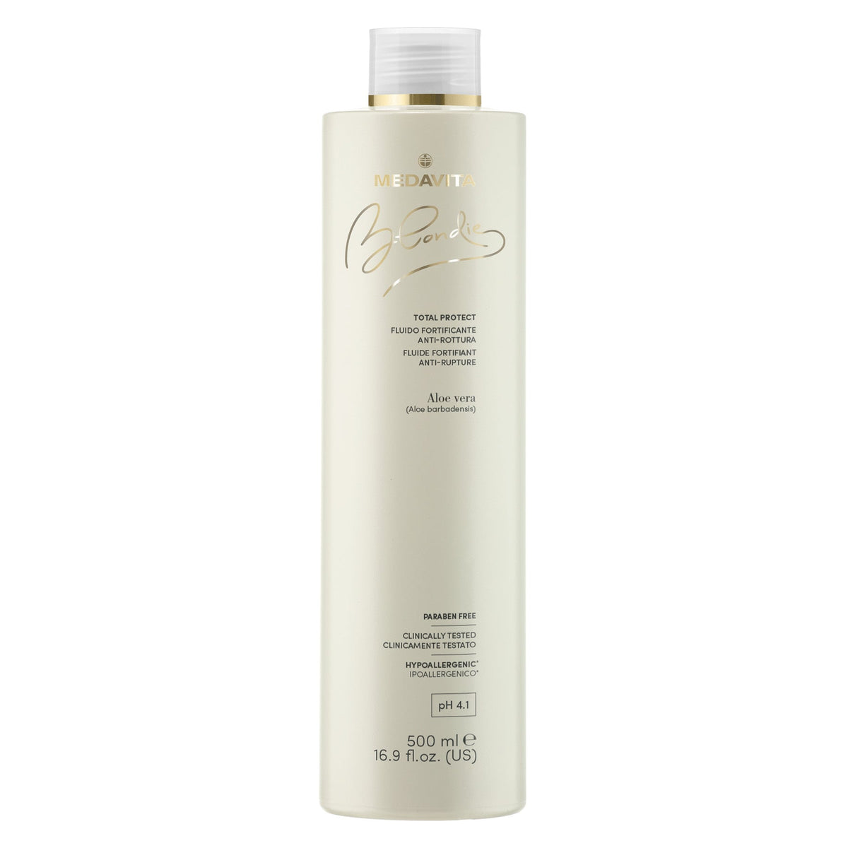 Medavita Blondie Total Protect — 500 ml Total Protect fortifying anti-breakage fluid bottle, front label, plain white background