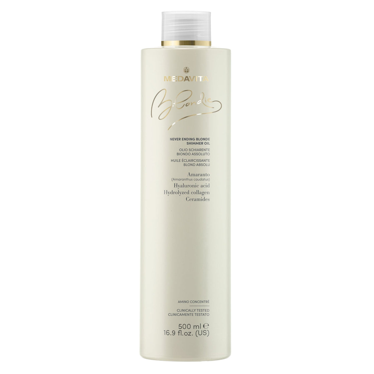 Medavita Never Ending Shimmer Oil — bottle front, plain white background