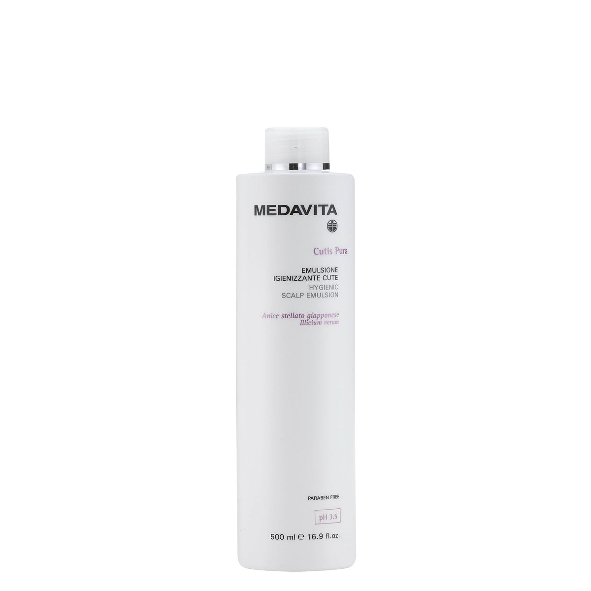 Medavita Cutis Pura Hygienic Scalp Emulsion — 500 ml Cutis Pura Hygienic Scalp Emulsion bottle, front label, plain white background