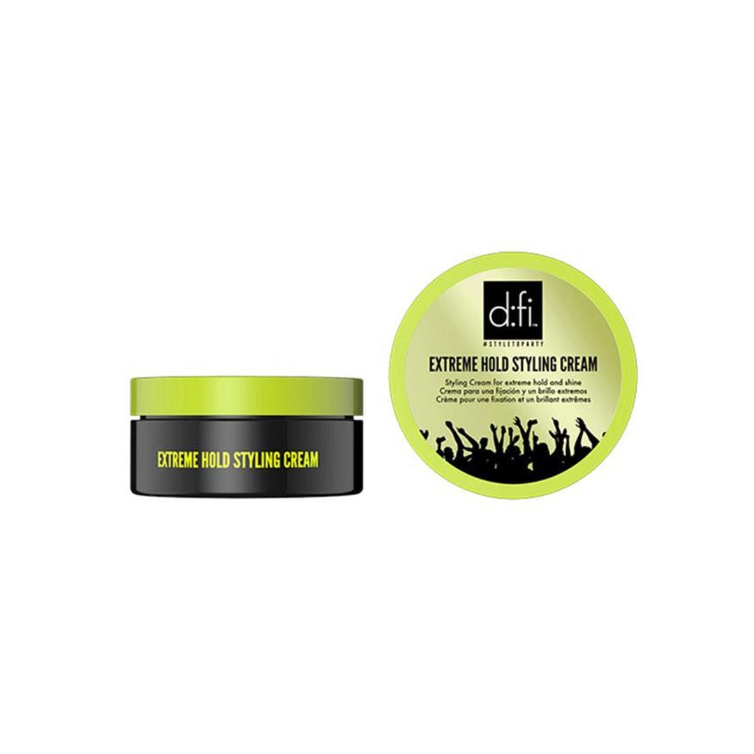 D:Fi Extreme Hold Styling Cream — closed jar shown small beside the lime-green lid face with the trilingual extreme-hold high-shine claim