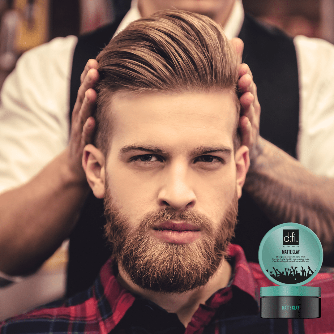 D:Fi Matte Clay — barber styling a client's hair, with the jar shown inset
