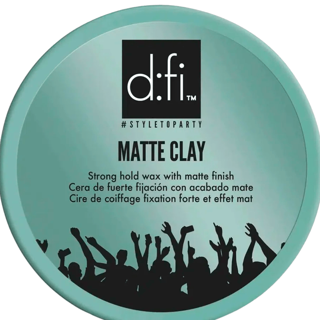 D:Fi Matte Clay — close-up of the teal lid showing the d:fi logo and the trilingual strong-hold matte-finish claim