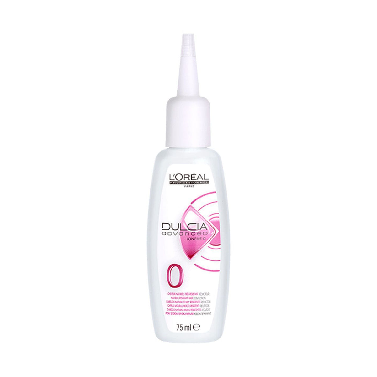 L'Oréal Professionnel Dulcia Advanced Perm Lotion — strength N.0 for resistant hair, single 75 ml bottle, front label, plain white background