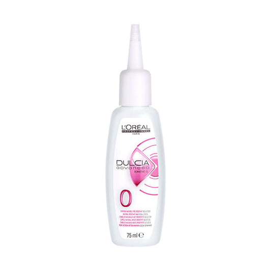 L'Oréal Professionnel Dulcia Advanced Perm Lotion — strength N.0 for resistant hair, single 75 ml bottle, front label, plain white background
