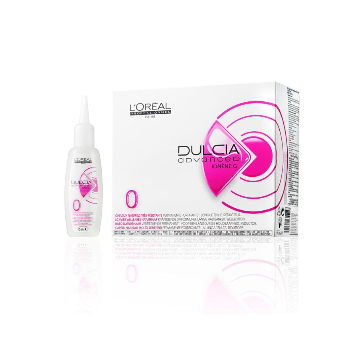 L'Oréal Professionnel Dulcia Advanced Perm Lotion — strength N.0 for resistant hair, salon box of 12 x 75 ml shown beside one bottle