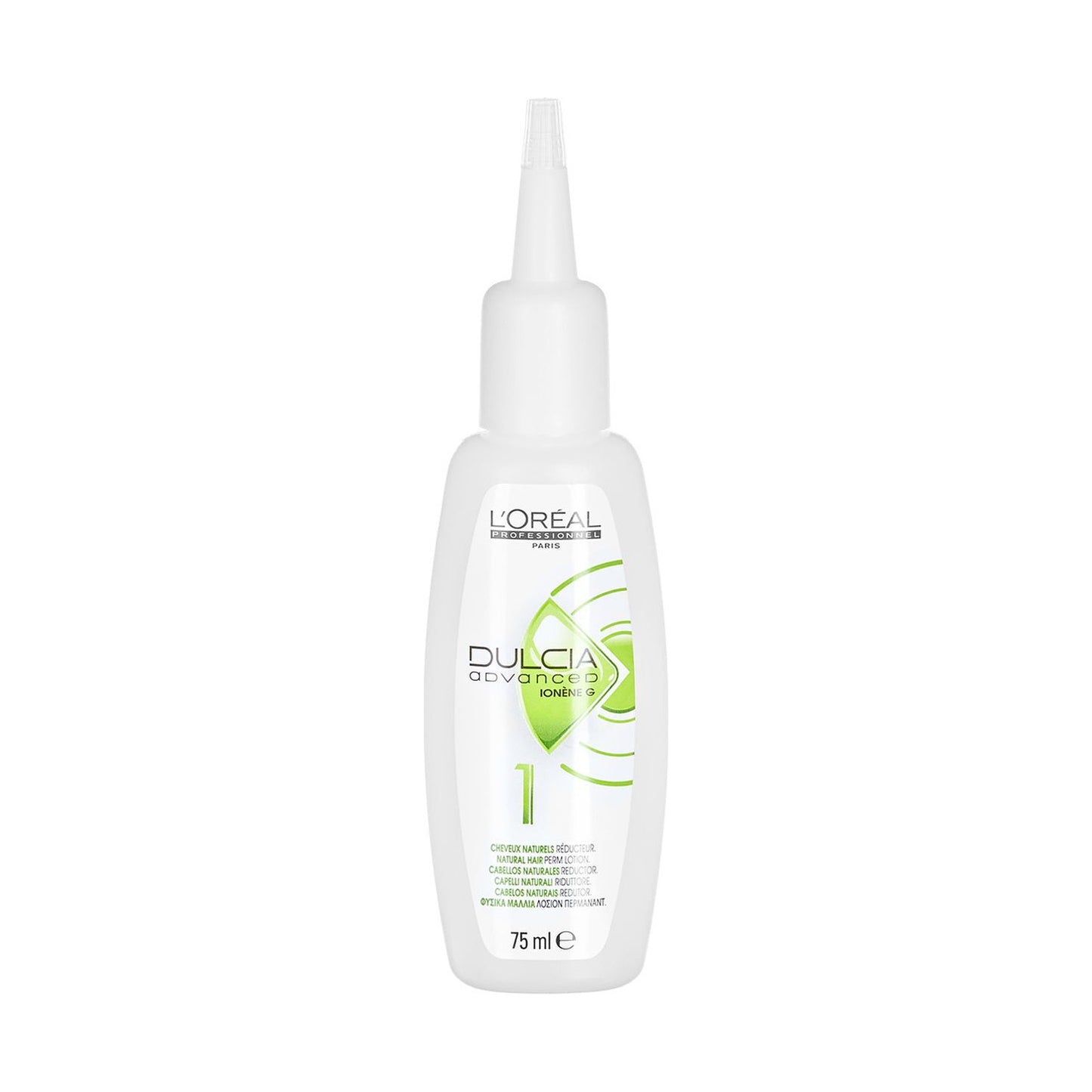 L'Oréal Professionnel Dulcia Advanced Perm Lotion — strength N.1 for natural hair, single 75 ml bottle, front label, plain white background