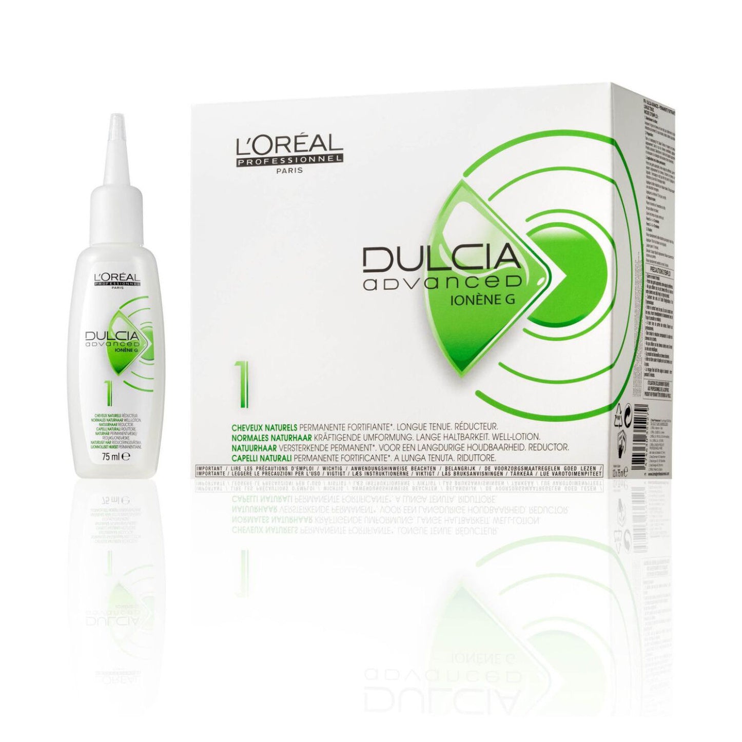 L'Oréal Professionnel Dulcia Advanced Perm Lotion — strength N.1 for natural hair, salon box of 12 x 75 ml shown beside one bottle