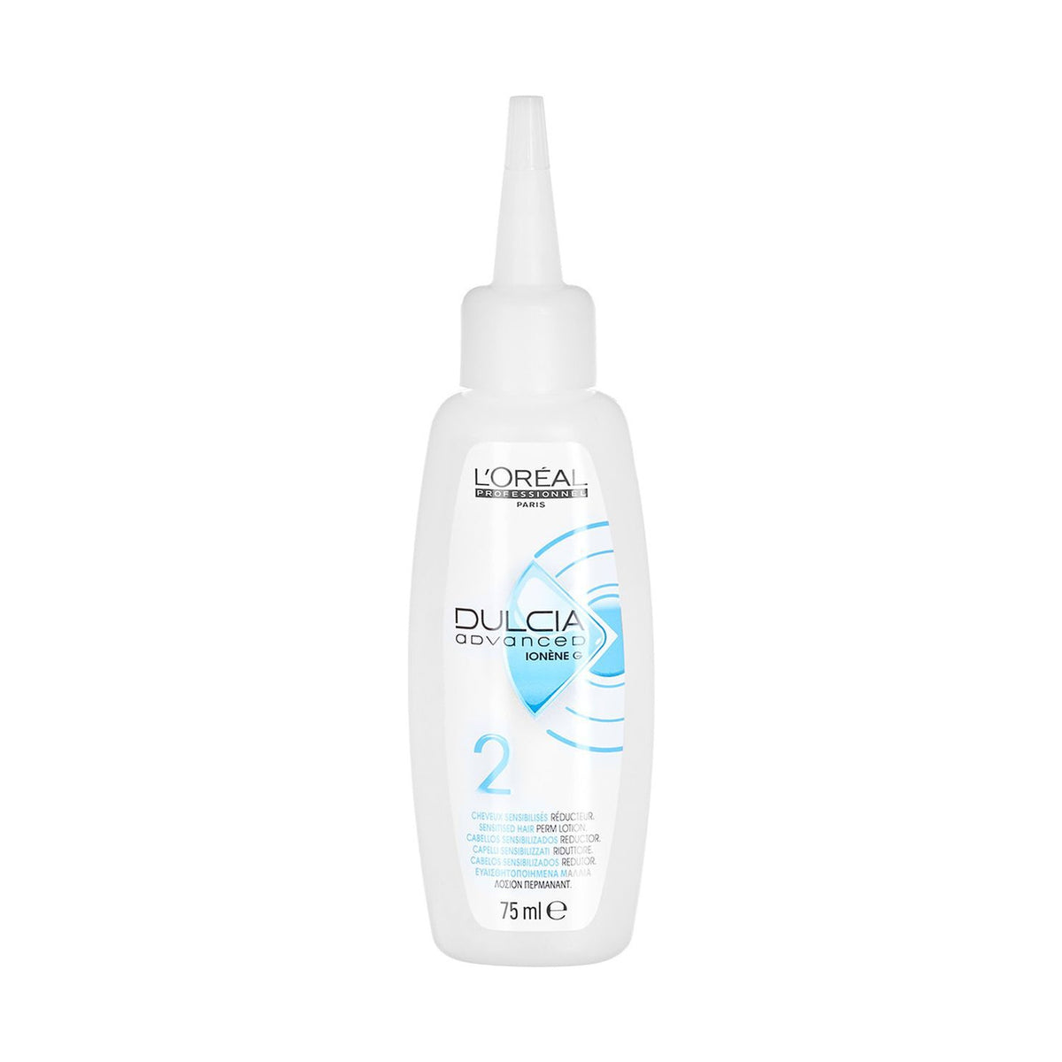 L'Oréal Professionnel Dulcia Advanced Perm Lotion — strength N.2 for sensitised hair, single 75 ml bottle, front label, plain white background
