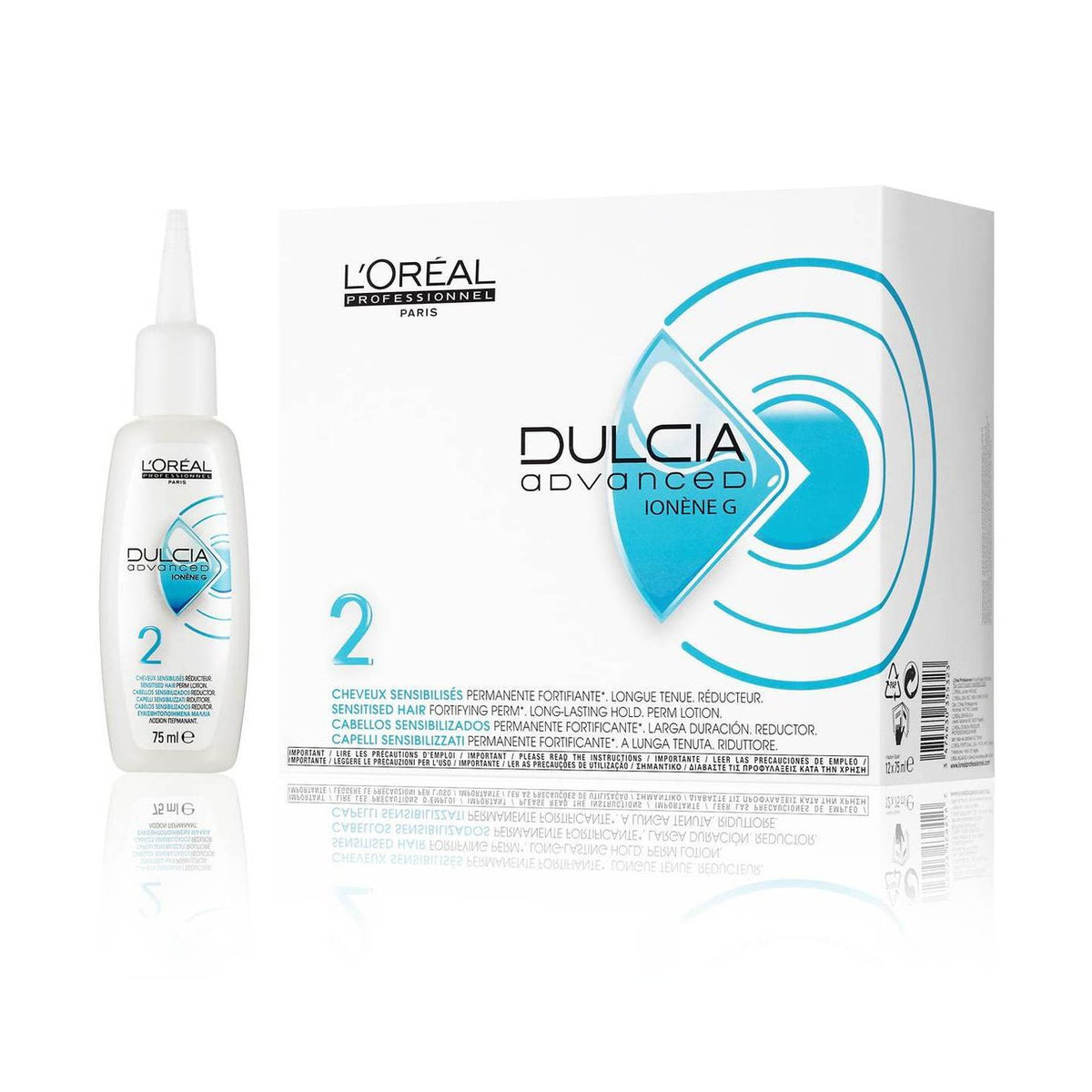 L'Oréal Professionnel Dulcia Advanced Perm Lotion — strength N.2 for sensitised hair, salon box of 12 x 75 ml shown beside one bottle