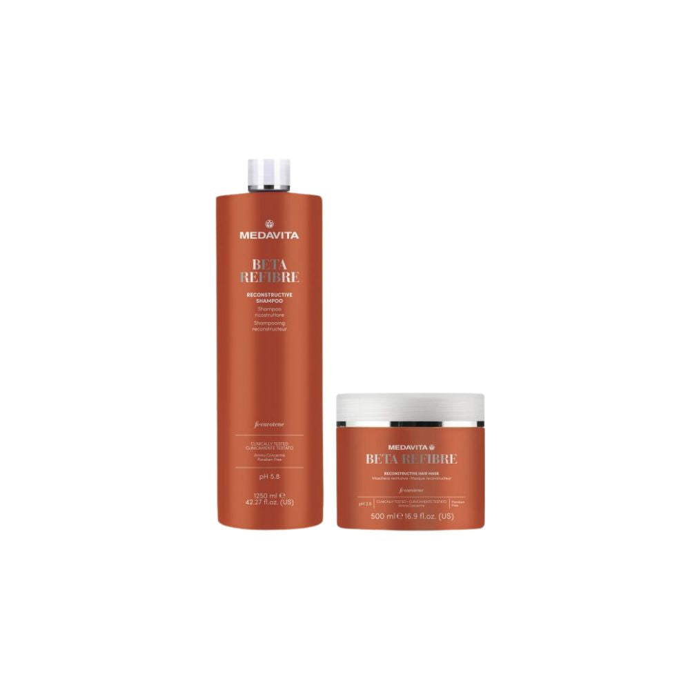 Medavita Beta-Refibre Duo Shampoo + Mask — product front, plain white background