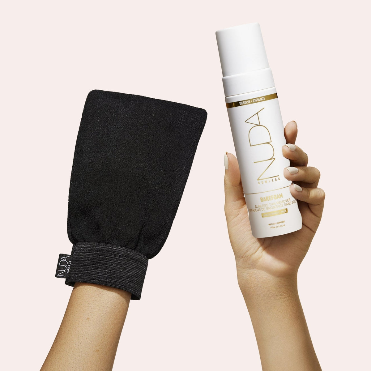 Nuda exfoliating mitt in use; tan remover sold separately
