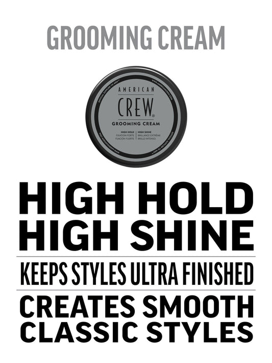 American Crew Grooming Cream — benefits card reading high hold, high shine, keeps styles ultra finished, creates smooth classic styles