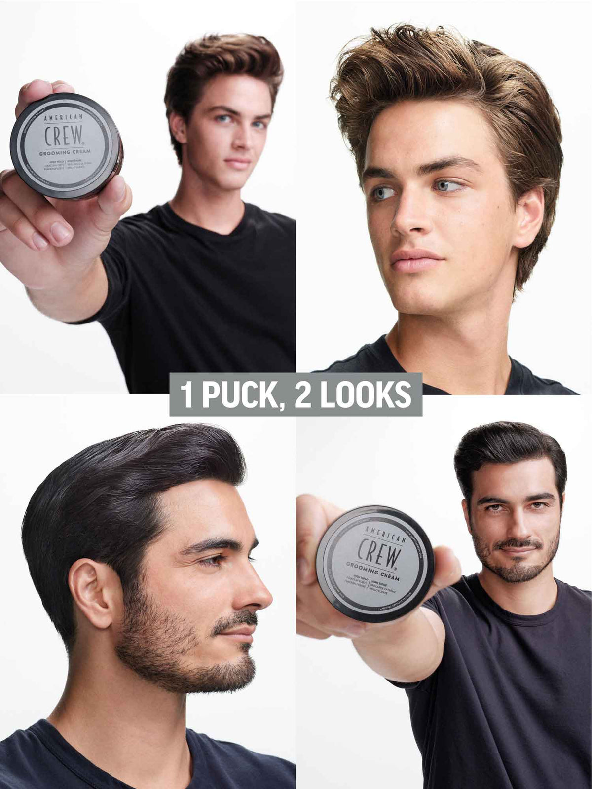 American Crew Grooming Cream — one puck, two looks grid of models holding the Grooming Cream tin