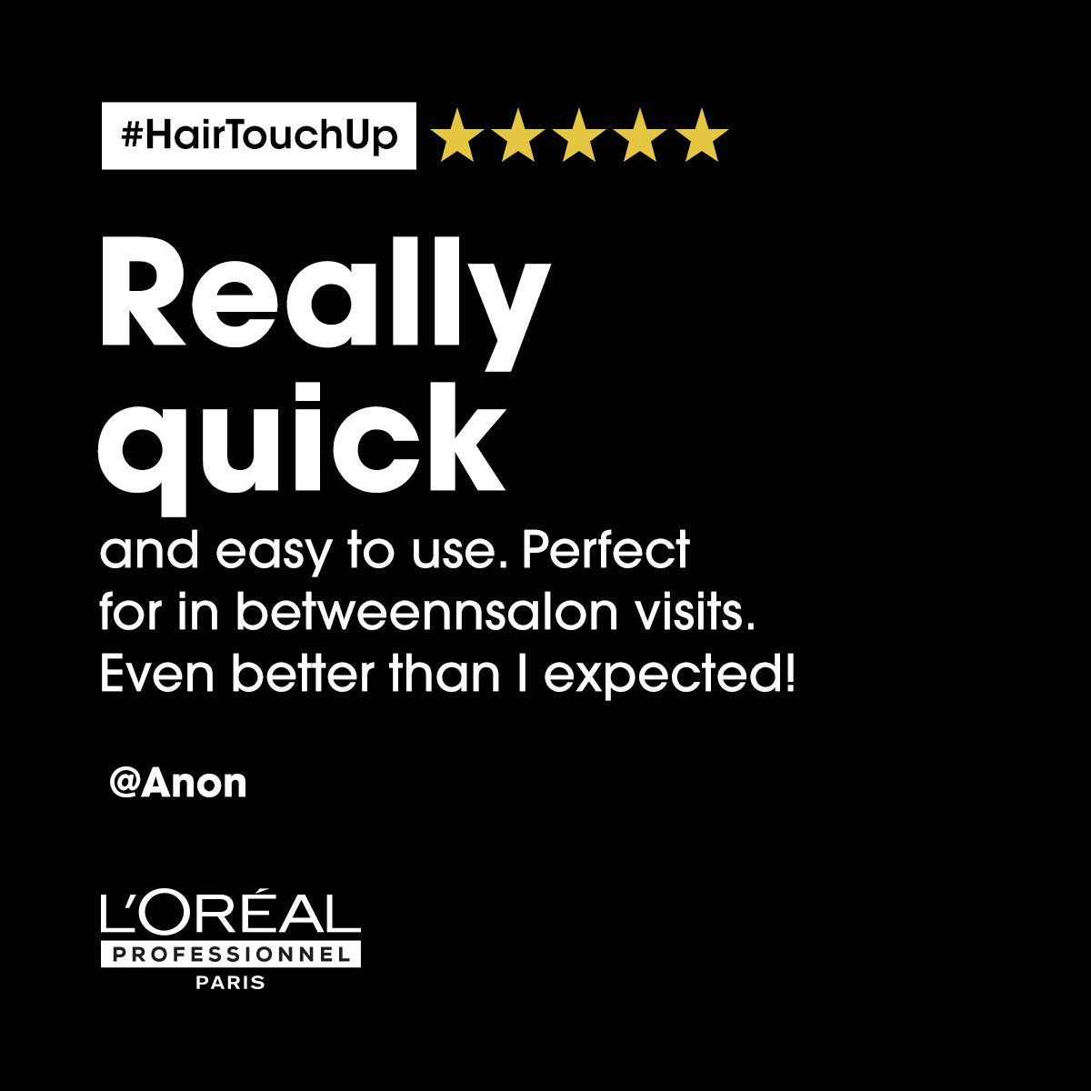 L'Oréal Professionnel Hair Touch Up Root Concealer Spray Brun — official card: really quick and easy to use between salon visits, five-star customer review
