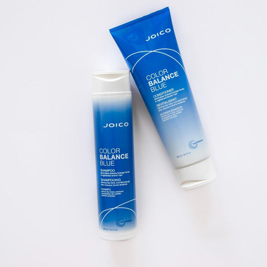 Joico Color Balance Blue Shampoo & Conditioner Duo — 250 ml shampoo bottle and conditioner tube laid flat on white