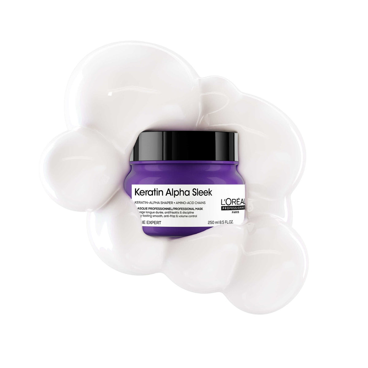L'Oréal Professionnel Keratin Alpha Sleek Mask — purple 250 ml jar with black lid, front label, on white