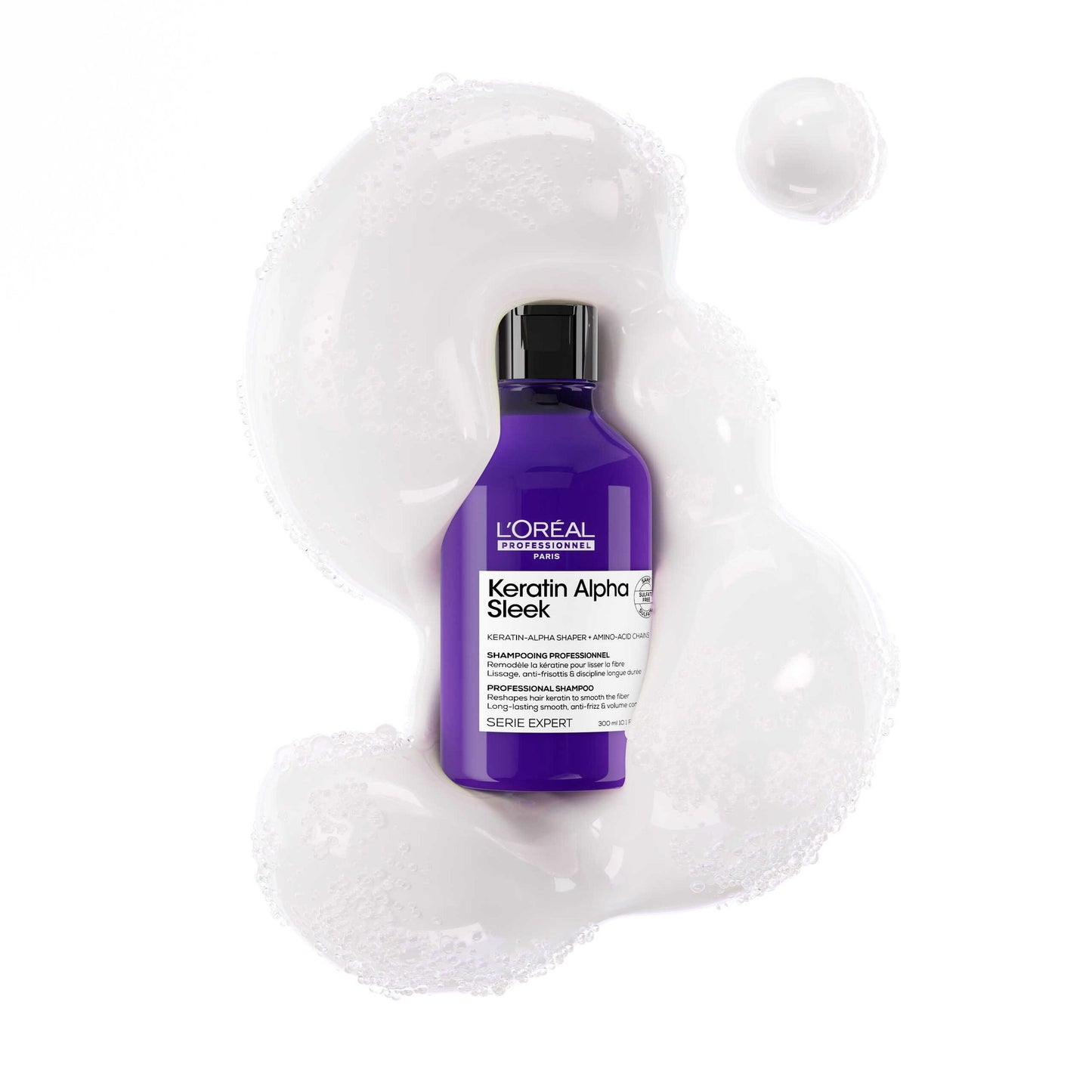L'Oréal Professionnel Keratin Alpha Sleek Shampoo — 300 ml purple bottle, front label, on white