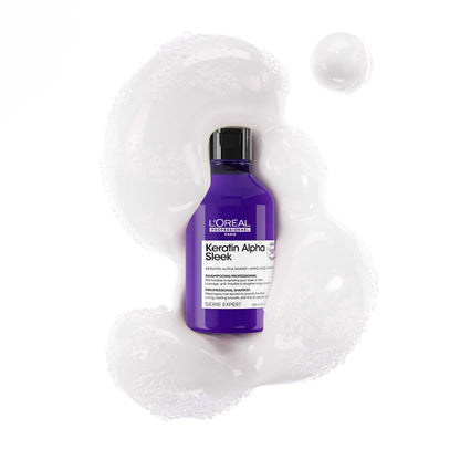 L'Oréal Professionnel Keratin Alpha Sleek Shampoo — 300 ml purple bottle, front label, on white