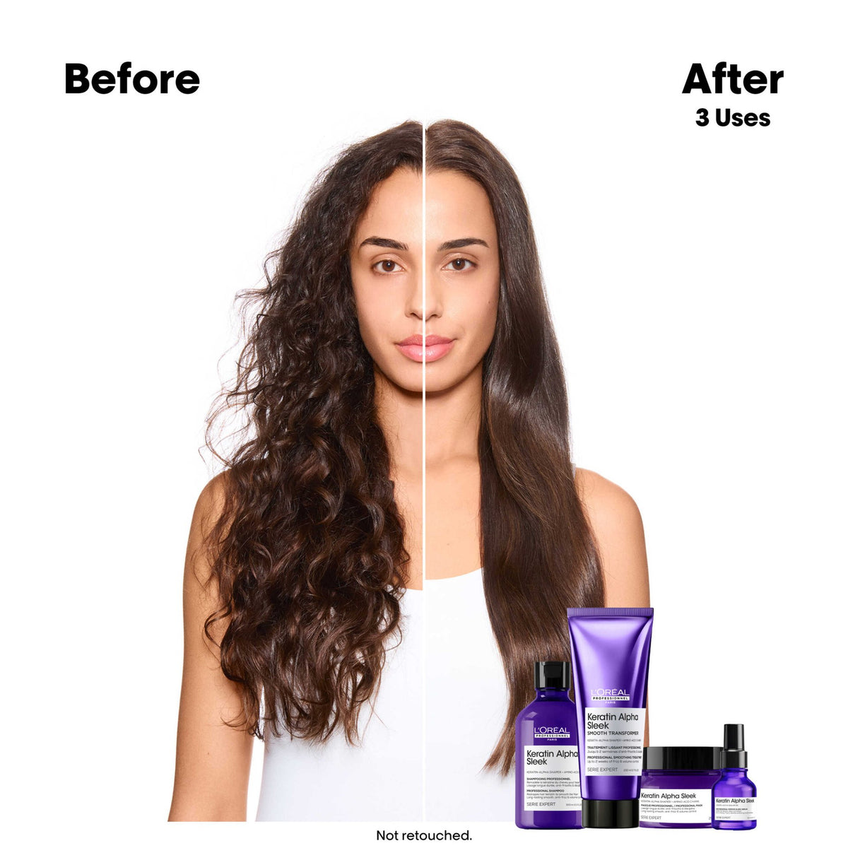L'Oréal Professionnel Keratin Alpha Sleek Shampoo — before and after three uses of the anti-frizz routine
