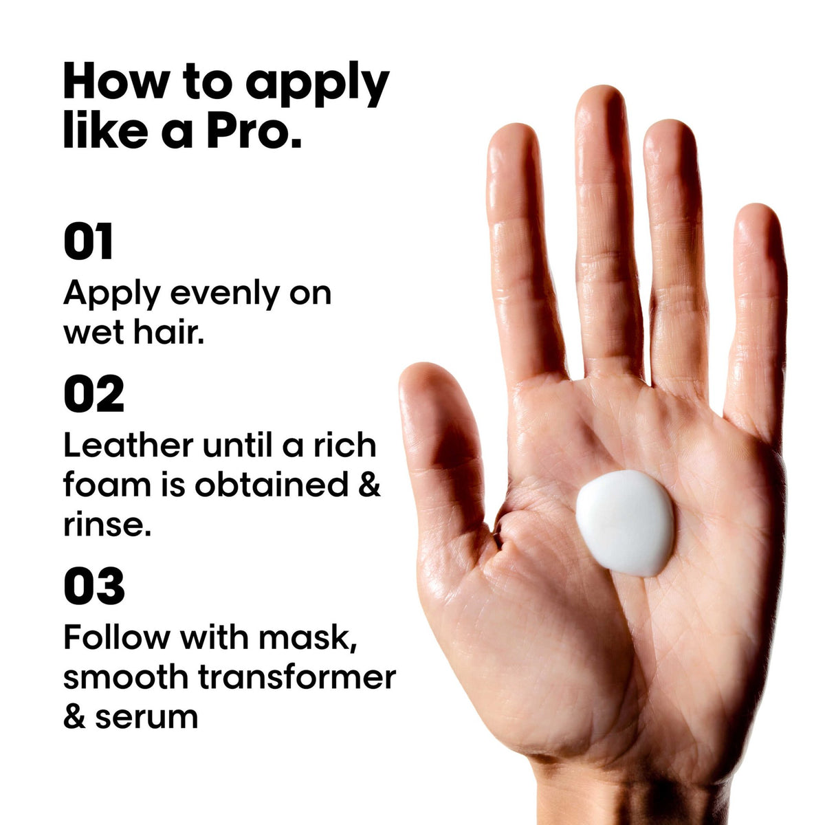 L'Oréal Professionnel Keratin Alpha Sleek Shampoo — how to apply, three steps, product in palm