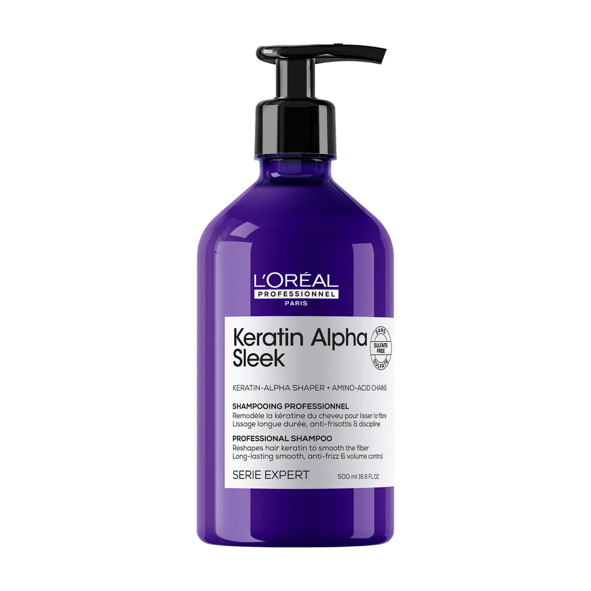 L'Oréal Professionnel Keratin Alpha Sleek Shampoo — 500 ml pump bottle, front label, on white