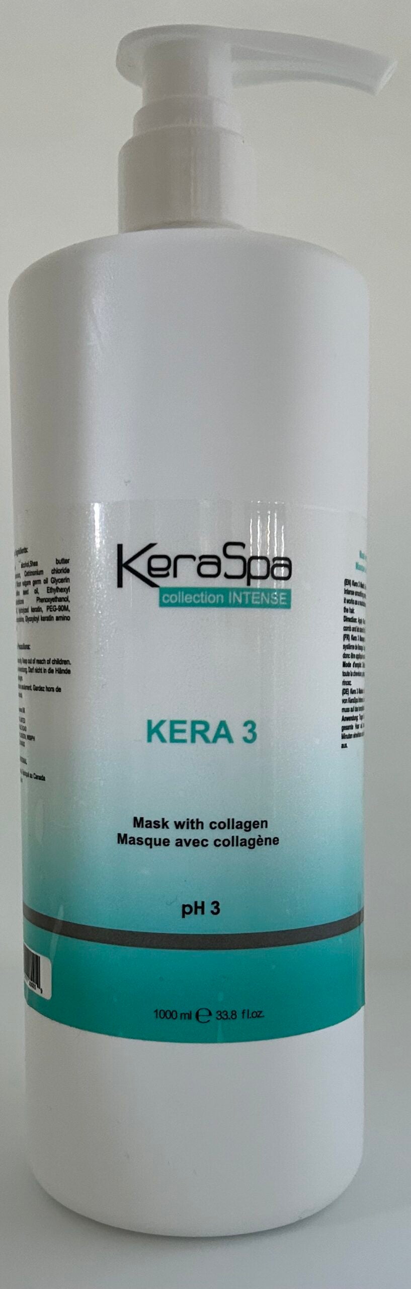 Keraspa Intense Kera 3 Collagen Mask — 1 L pump bottle, front label, photographed on a grey background