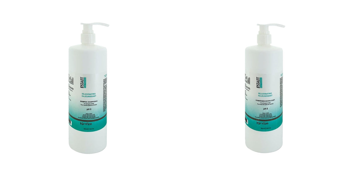 Keraspa Instant Hair Therapy Rejuvenating Shampoo & Conditioner Duo — 1000 ml shampoo and 1000 ml conditioner bottles side by side, distributor photographs on white