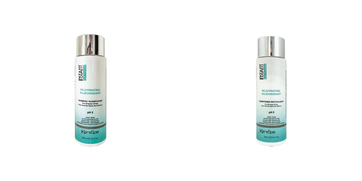 Keraspa Instant Hair Therapy Rejuvenating Shampoo & Conditioner Duo — 300 ml shampoo and 300 ml conditioner bottles side by side, distributor photographs on white