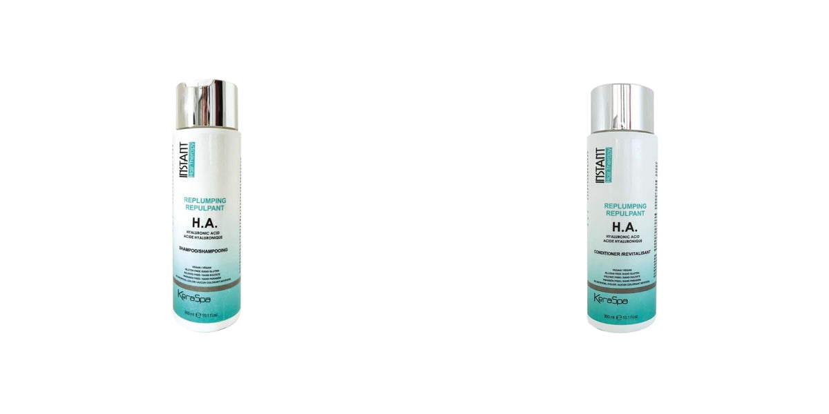 Keraspa Instant Hair Therapy Replumping H.A. Shampoo & Conditioner Duo — 300 ml shampoo and 300 ml conditioner bottles side by side, distributor photographs on white