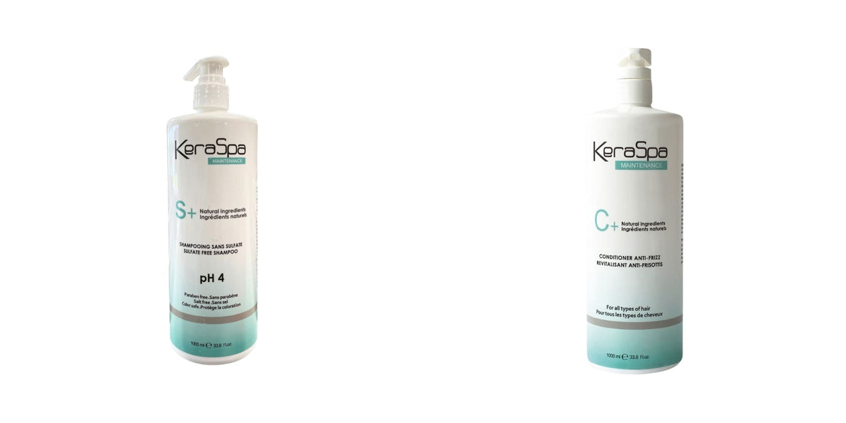 Keraspa S+ & C+ Sulfate-Free Shampoo & Anti-Frizz Conditioner Duo — 1000 ml shampoo and 1000 ml conditioner bottles side by side, distributor photographs on white