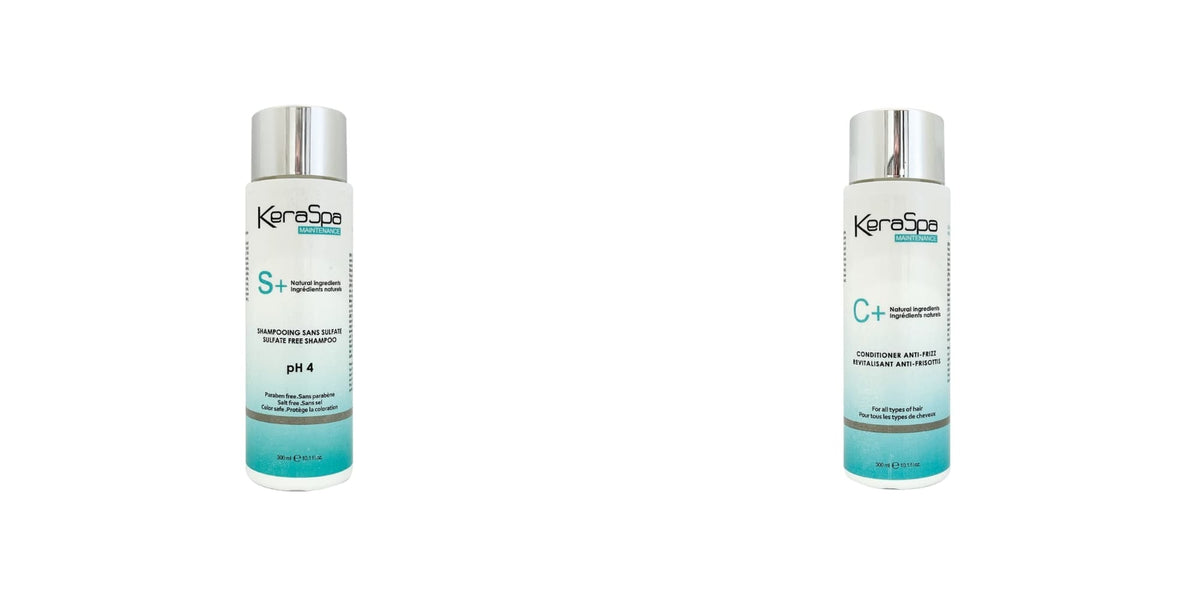 Keraspa S+ & C+ Sulfate-Free Shampoo & Anti-Frizz Conditioner Duo — 300 ml shampoo and 300 ml conditioner bottles side by side, distributor photographs on white