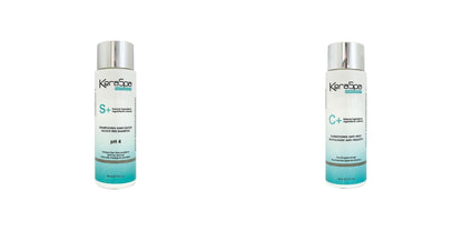 Keraspa S+ & C+ Sulfate-Free Shampoo & Anti-Frizz Conditioner Duo — 300 ml shampoo and 300 ml conditioner bottles side by side, distributor photographs on white