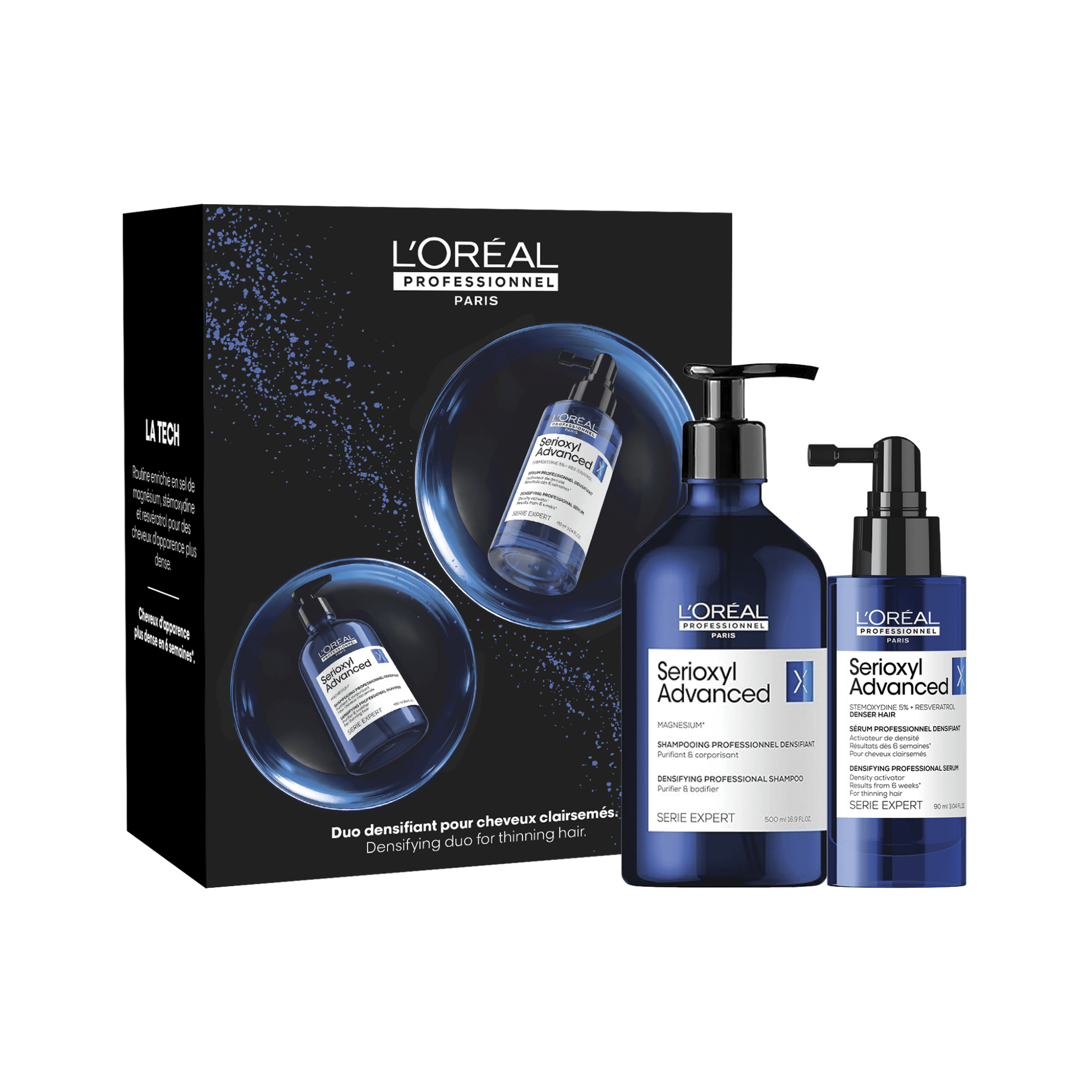 L'Oréal Professionnel Serioxyl Advanced Holiday Duo 2026 — gift box with the 500 ml densifying shampoo and the 90 ml denser hair serum, front of pack