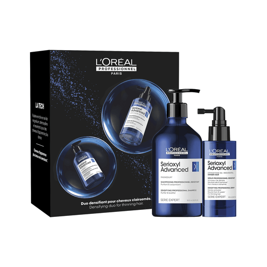 L'Oréal Professionnel Serioxyl Advanced Holiday Duo 2026 — gift box with the 500 ml densifying shampoo and the 90 ml denser hair serum, front of pack