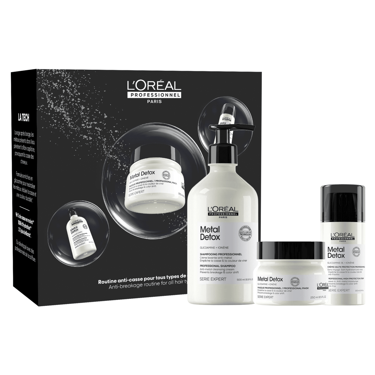 L'Oréal Professionnel Metal Detox Holiday Trio 2026 — gift box with the 500 ml cleansing cream, 250 ml mask and 100 ml high protection cream, front of pack