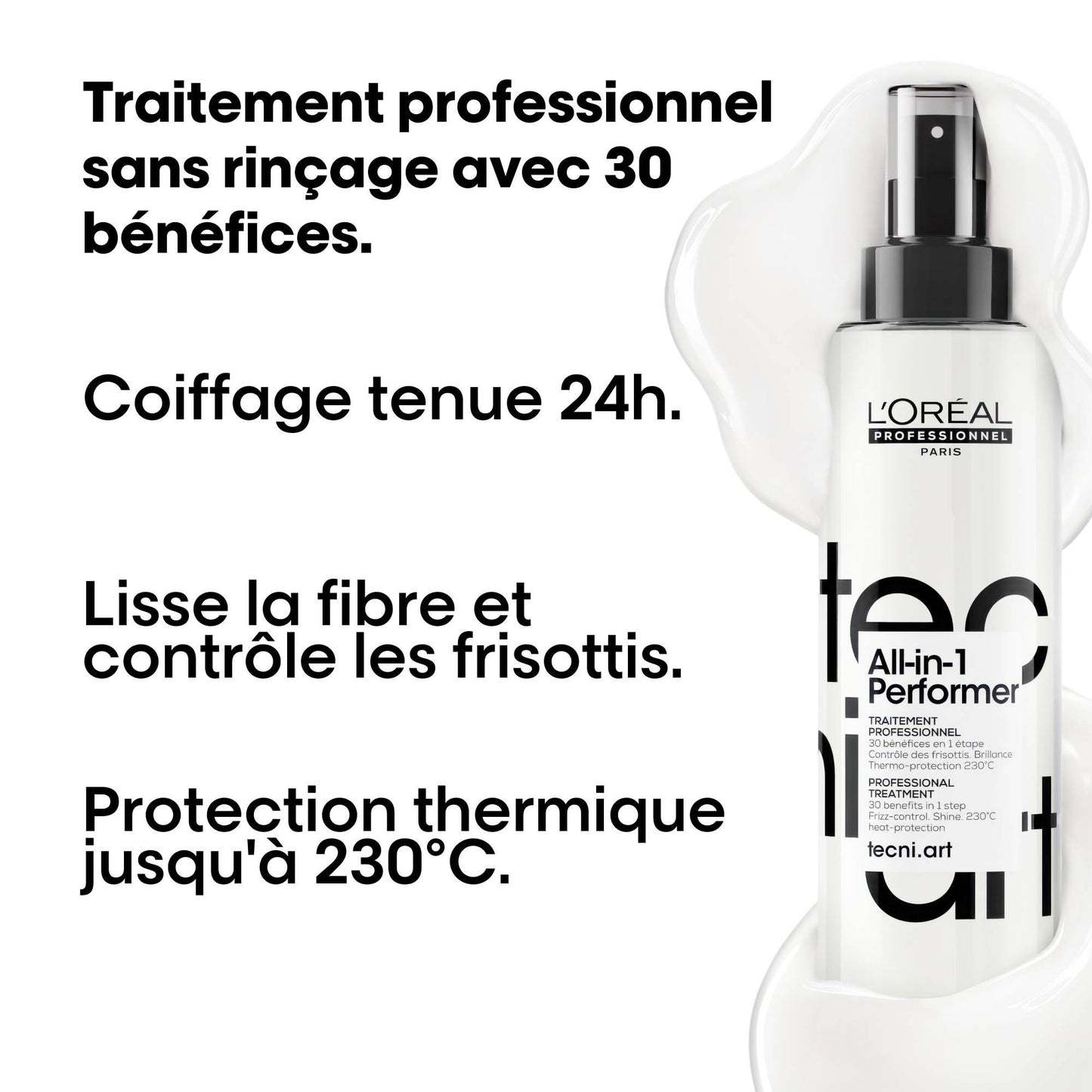 L'Oréal Professionnel Tecni.ART All-in-1 Performer 190 ml — side of the bottle showing the benefit claims