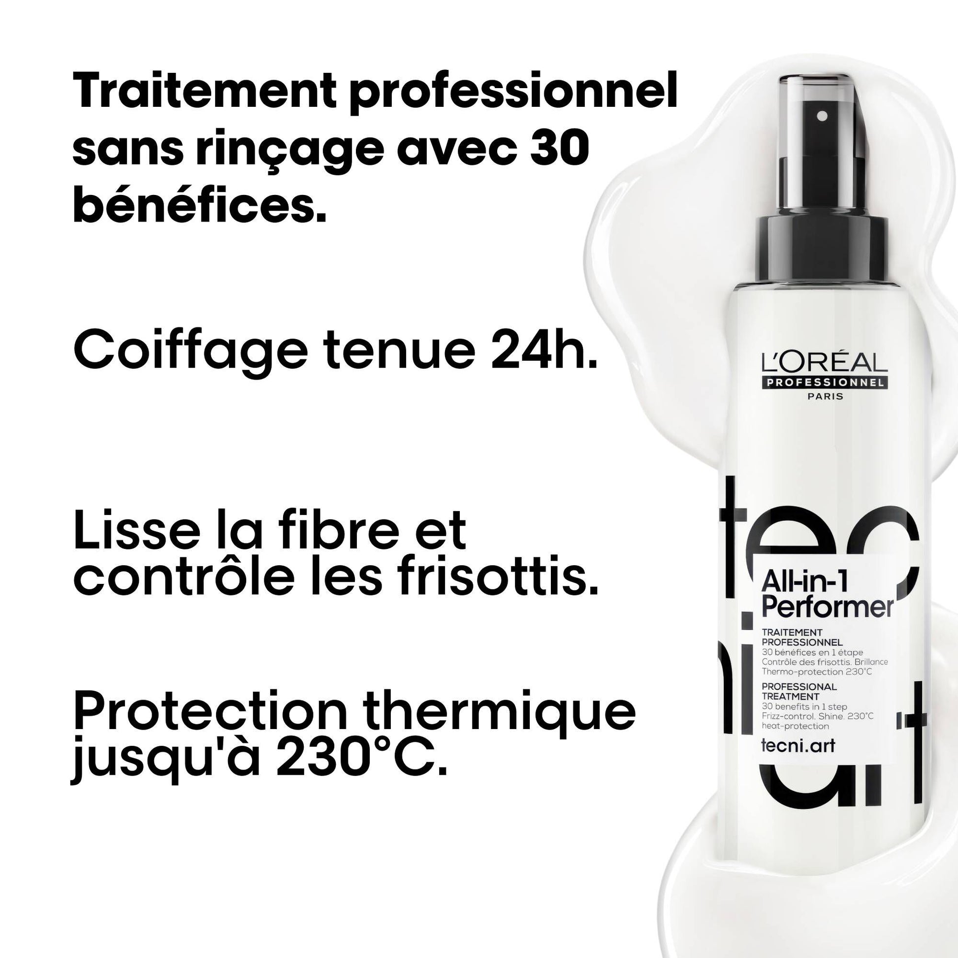 L'Oréal Professionnel Tecni.ART All-in-1 Performer 190 ml — side of the bottle showing the benefit claims
