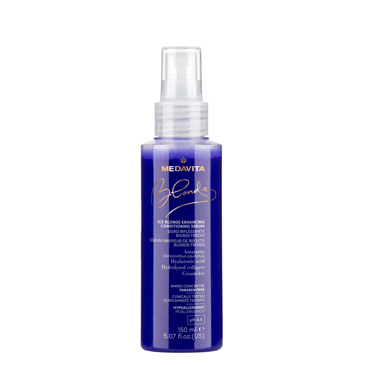 Medavita Blondie Ice Blonde Enhancing Conditioning Serum — 150 ml Ice Blonde Enhancing Conditioning Serum bottle, front label, plain white background