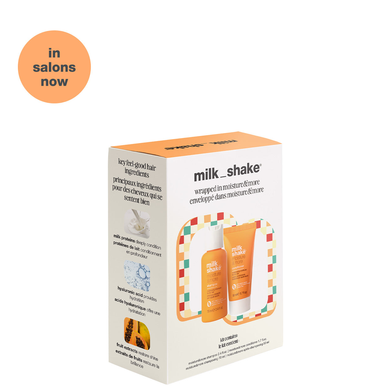 milk_shake Mini Duo 2026 — moisture&more shampoo 70 ml brand packshot, plain background