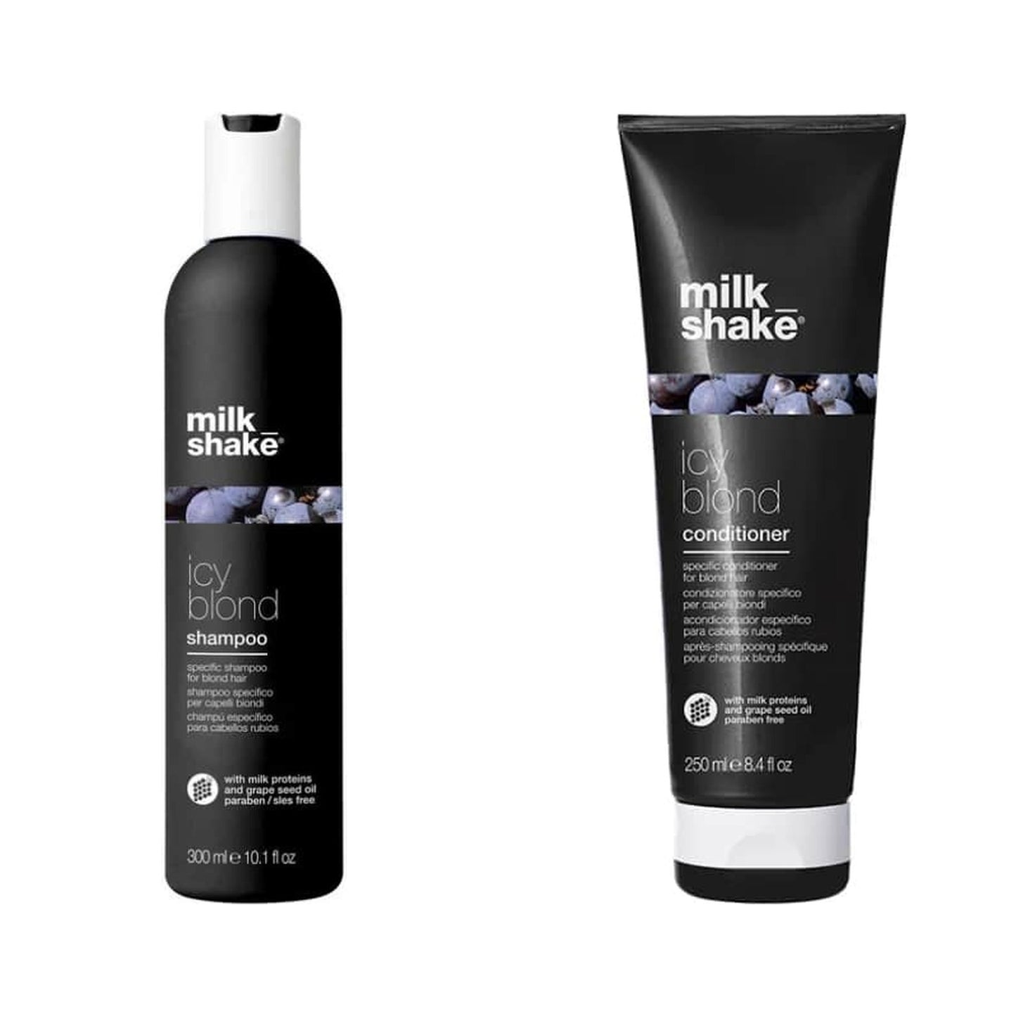 milk_shake Blonde Hair Shampoo & Conditioner Duo — 300 ml + 250 ml duo: shampoo and conditioner side by side, plain white background
