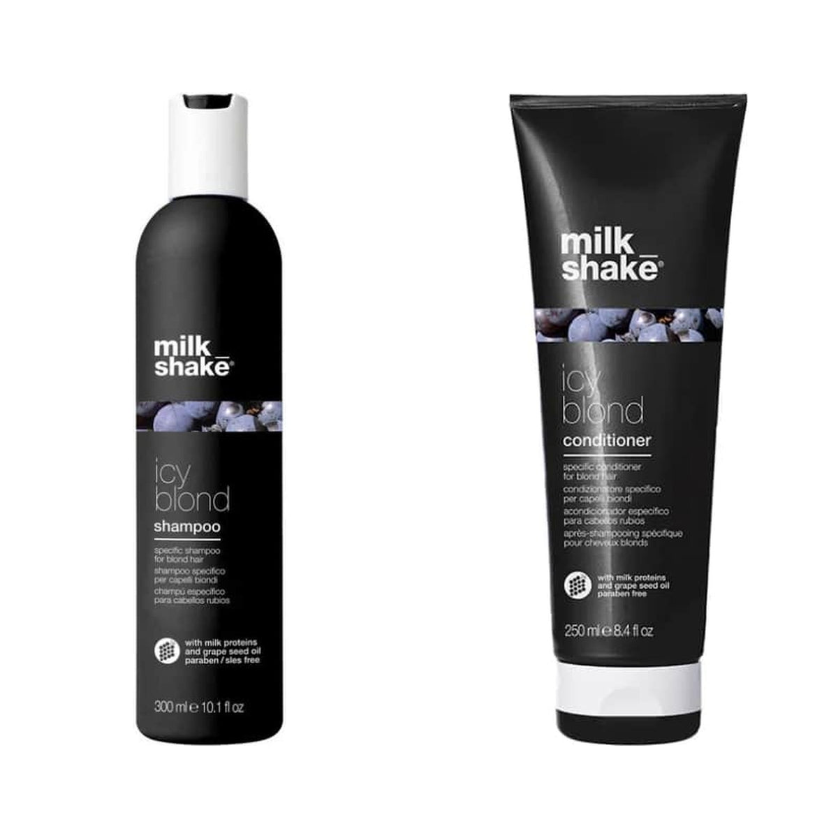 milk_shake Blonde Hair Shampoo & Conditioner Duo — 300 ml + 250 ml duo: shampoo and conditioner side by side, plain white background