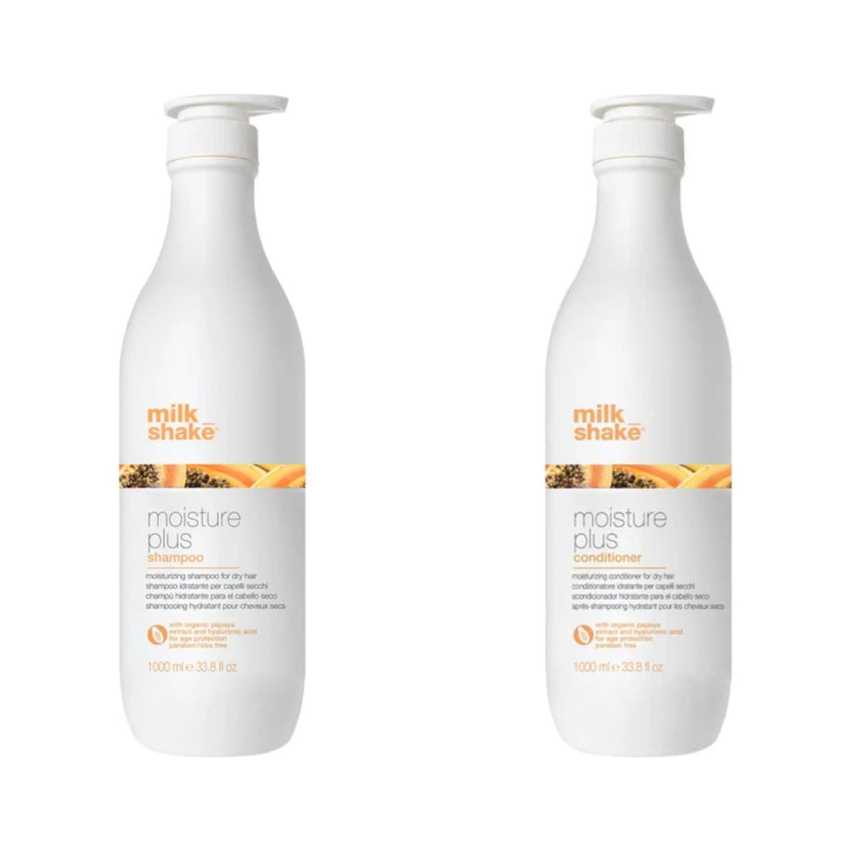 milk_shake Moisture Plus Hydrating Shampoo & Moisturizing Conditioner Duo — 1 L + 1 L duo: shampoo and conditioner side by side, plain white background