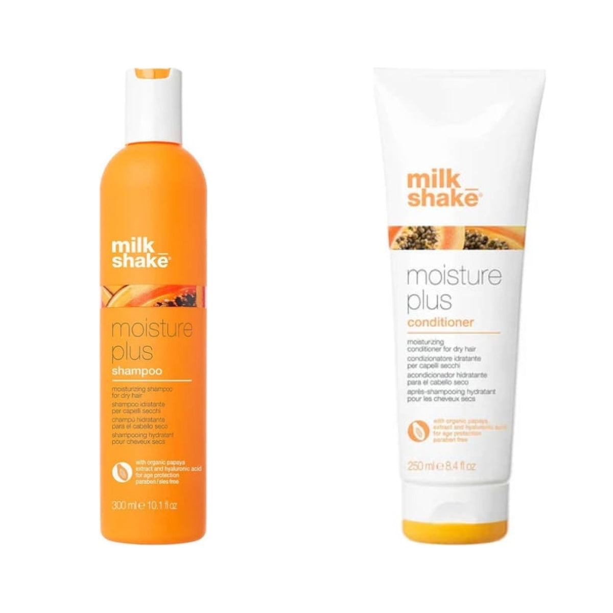milk_shake Moisture Plus Hydrating Shampoo & Moisturizing Conditioner Duo — 300 ml + 250 ml duo: shampoo and conditioner side by side, plain white background