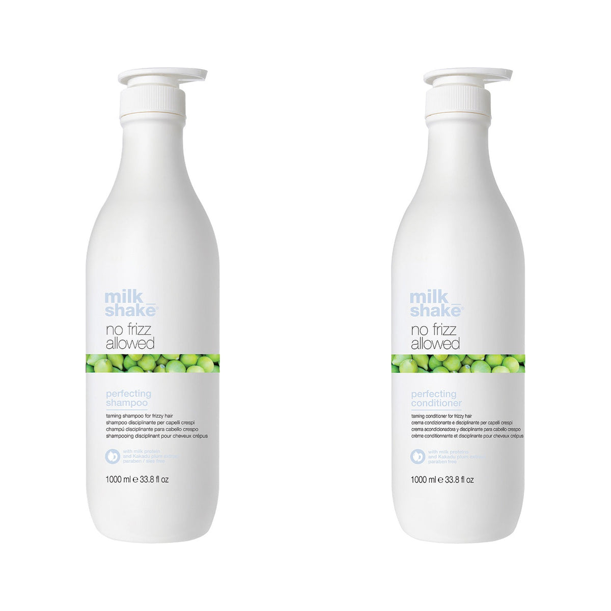 milk_shake No Frizz Allowed Perfecting Shampoo & Conditioner Duo — 1 L + 1 L duo: shampoo and conditioner side by side, plain white background